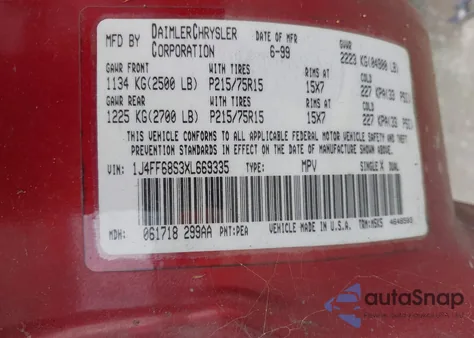 1999 Jeep Cherokee Classic/Sport from USA, damaged, VIN 1J4FF68S3XL669335